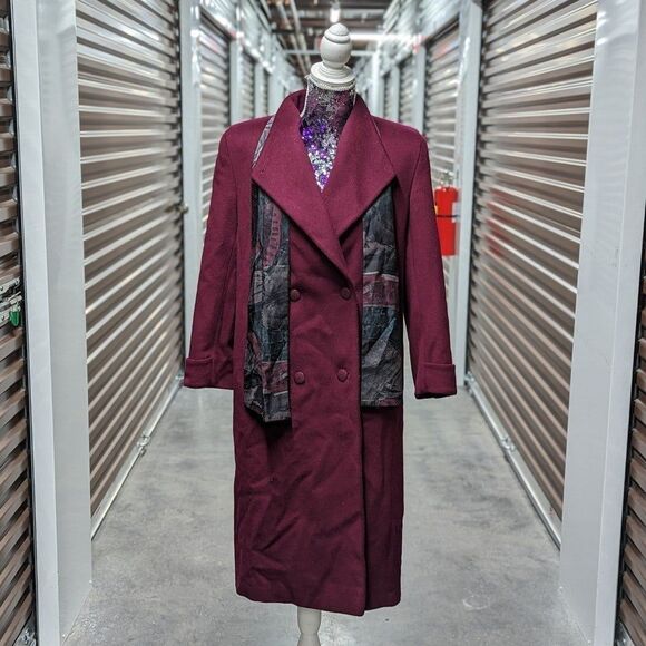 Vintage Alorna Size Medium Women's Petite Burgundy Wool Pea Coat with Scarf USA - Picture 1 of 9